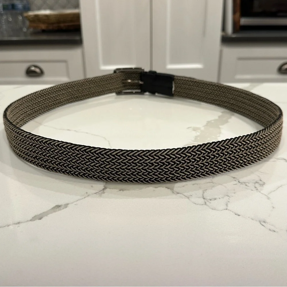 Tommy Bahama Mens Black Beige Leather Fabric Stretch Braided Belt Adjustable S/M